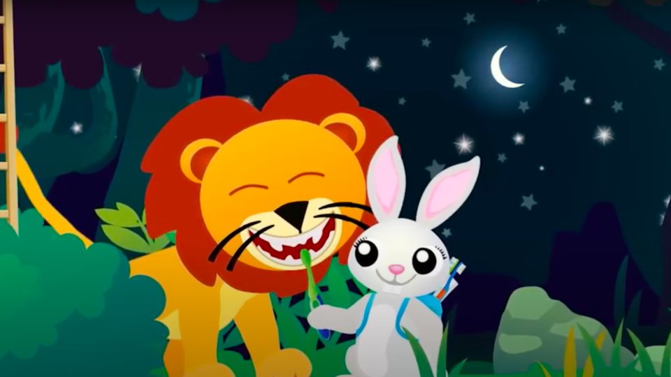 Rabbit brushing lion's teeth