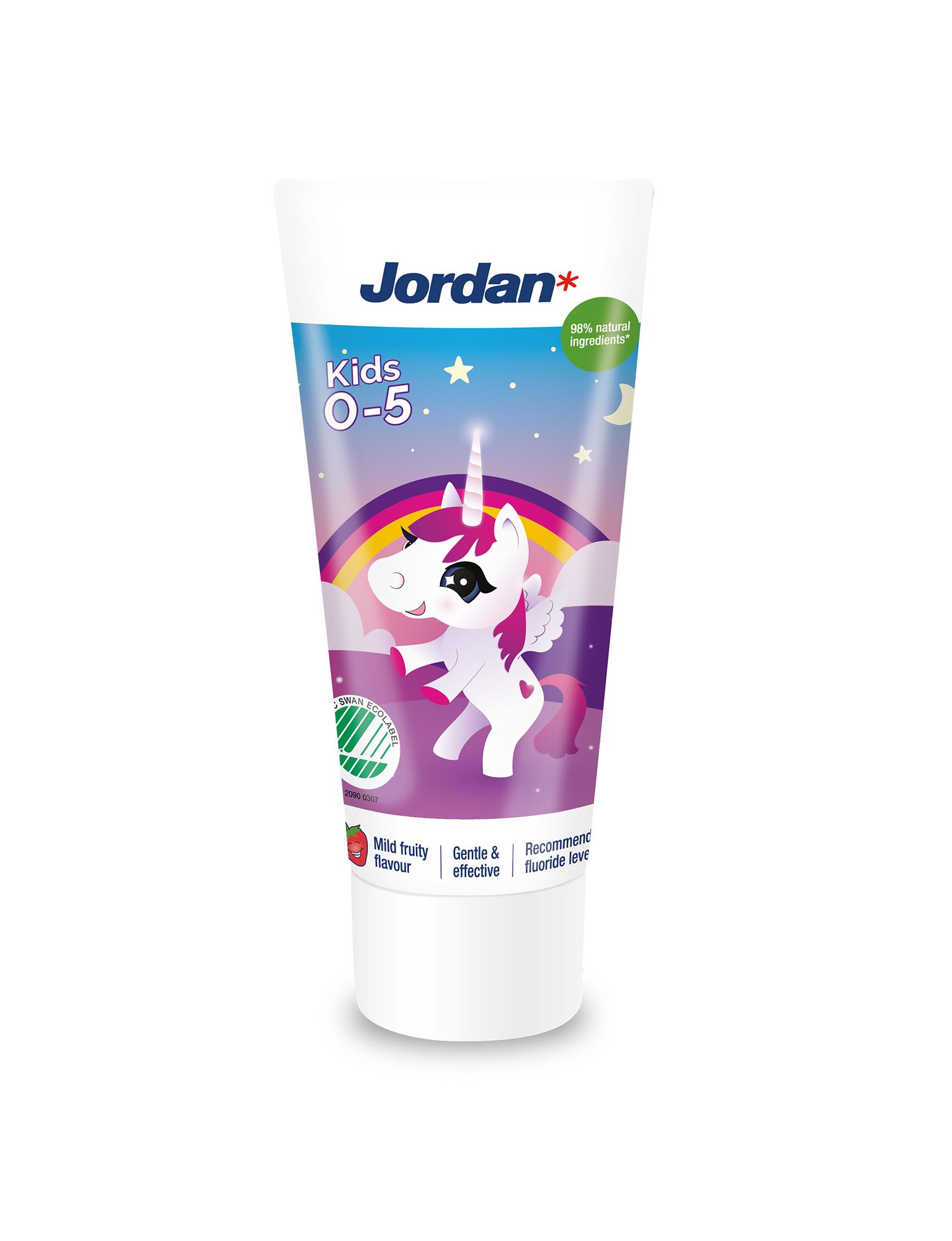 Jordan tandkräm för barn 0-5 år med en enhörning på förpackningen
