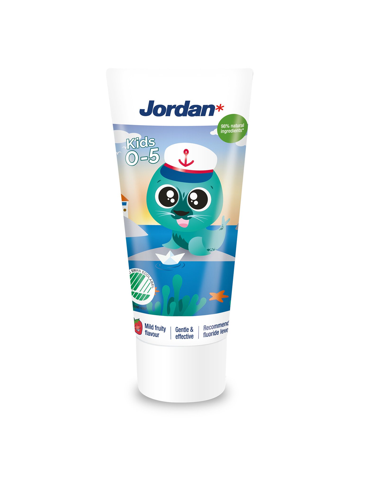 Jordan barntandkräm för barn 0-5 år med en säl på förpackningen