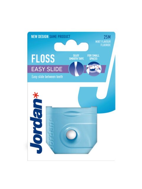 Jordan Easy slide tandtråd i blå förpackning för att göra rent mellan tänderna