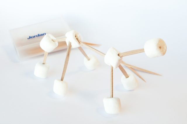 Toothpic craft on table, made of Jordan dental sticks and marshmallow.