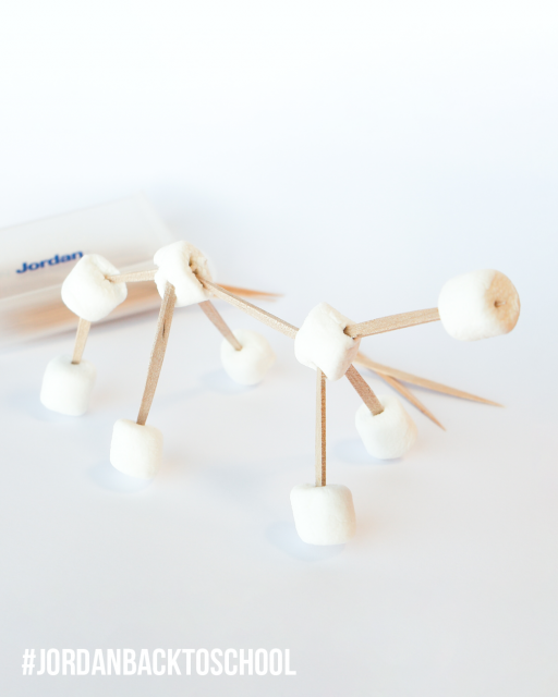 Toothpic craft on table, made of Jordan dental sticks and marshmallow.